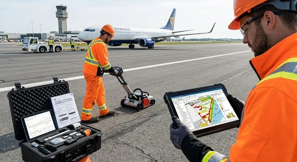 Dos operarios con chaleco reflectante en una plataforma de aeropuerto revisando en una tableta un mapa del estado del pavimento codificado por colores, con un avión y la torre de control al fondo
