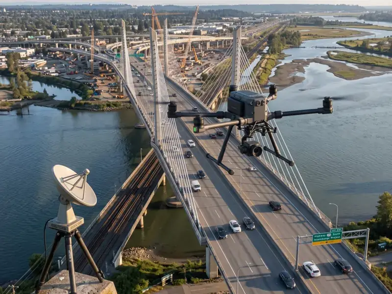 Aerial of a cable-stayed bridge with a survey drone in the foreground