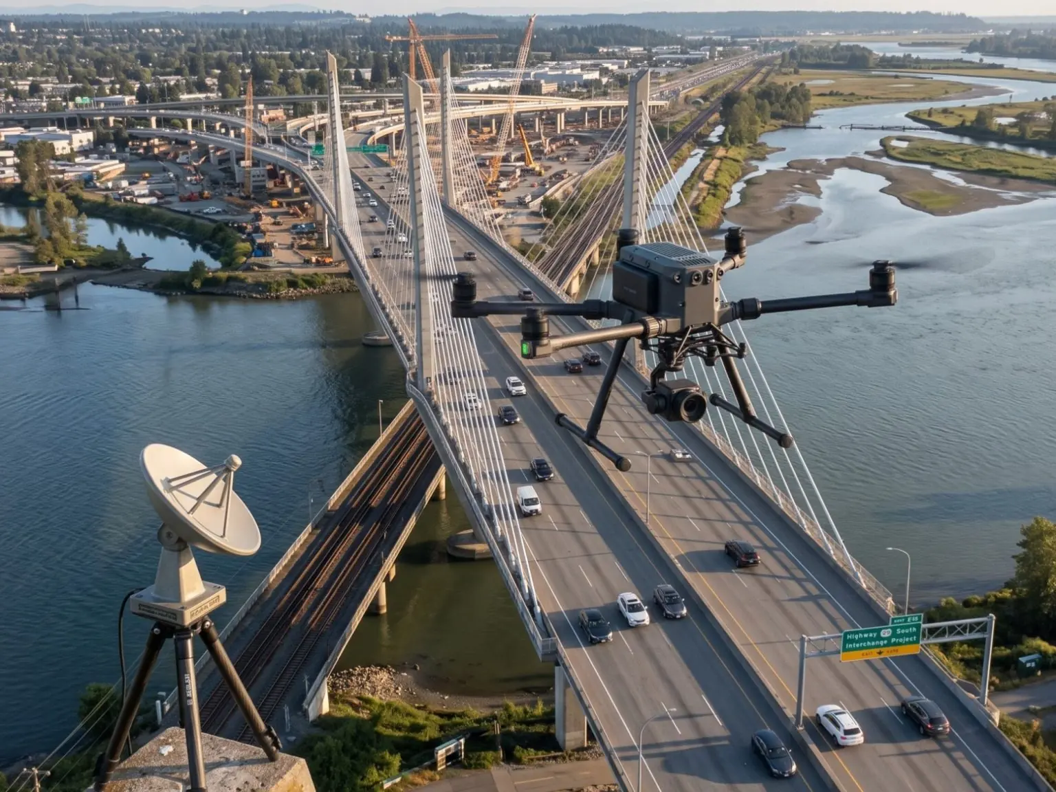 Aerial view of a large cable-stayed bridge over an estuary with a survey drone in the foreground