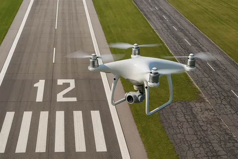Survey drone hovering low over a runway threshold
