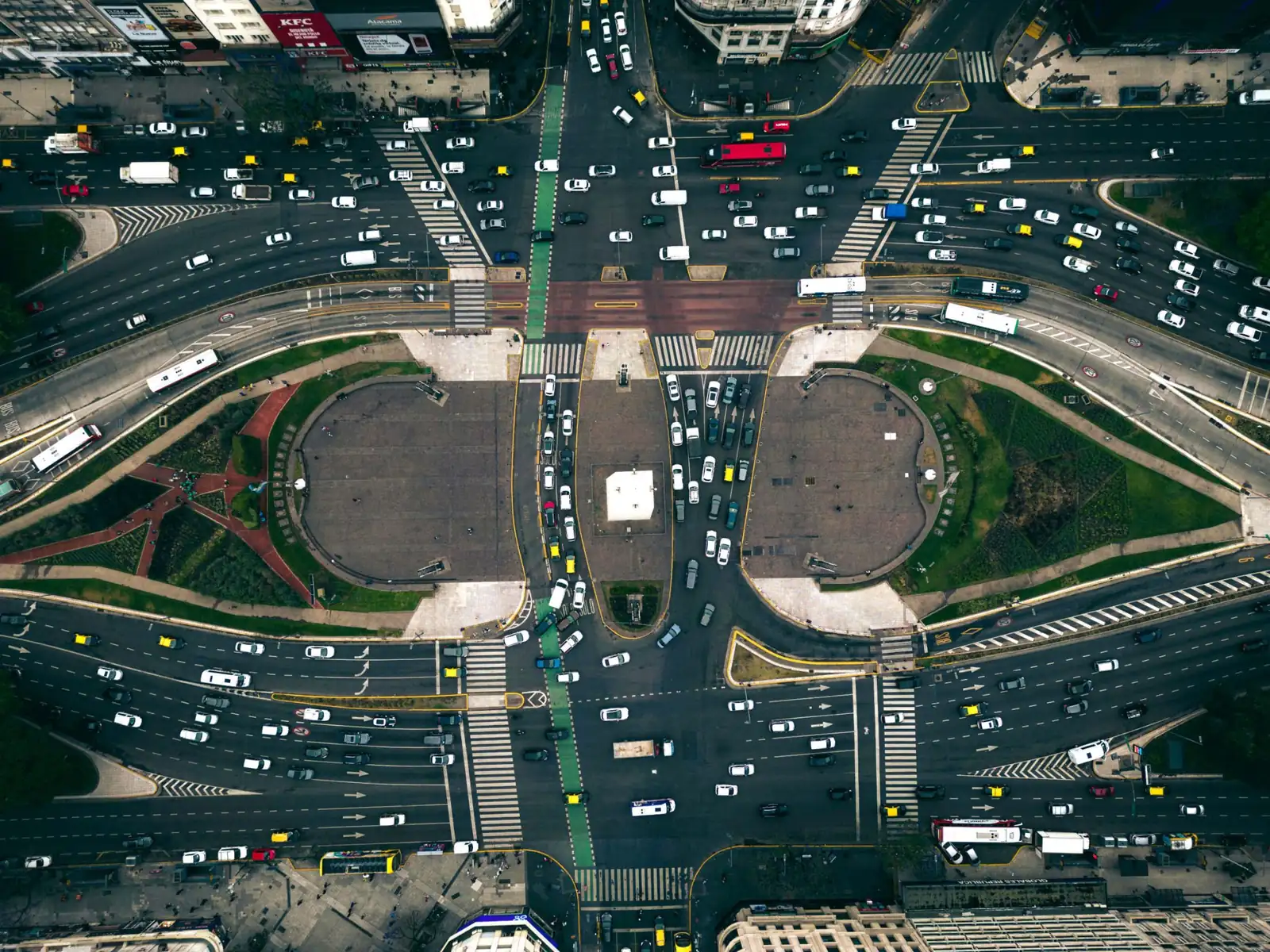 Vertical aerial view of a multi-level urban highway interchange
