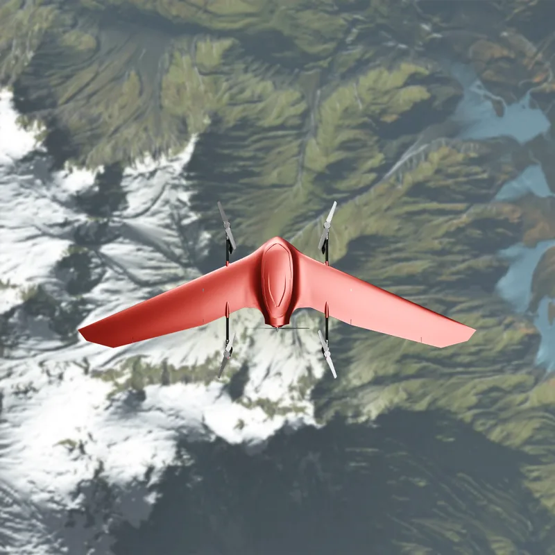 Illustration of a Nimbus drone flying over snow-capped mountain ridges and glacial valleys, seen from above
