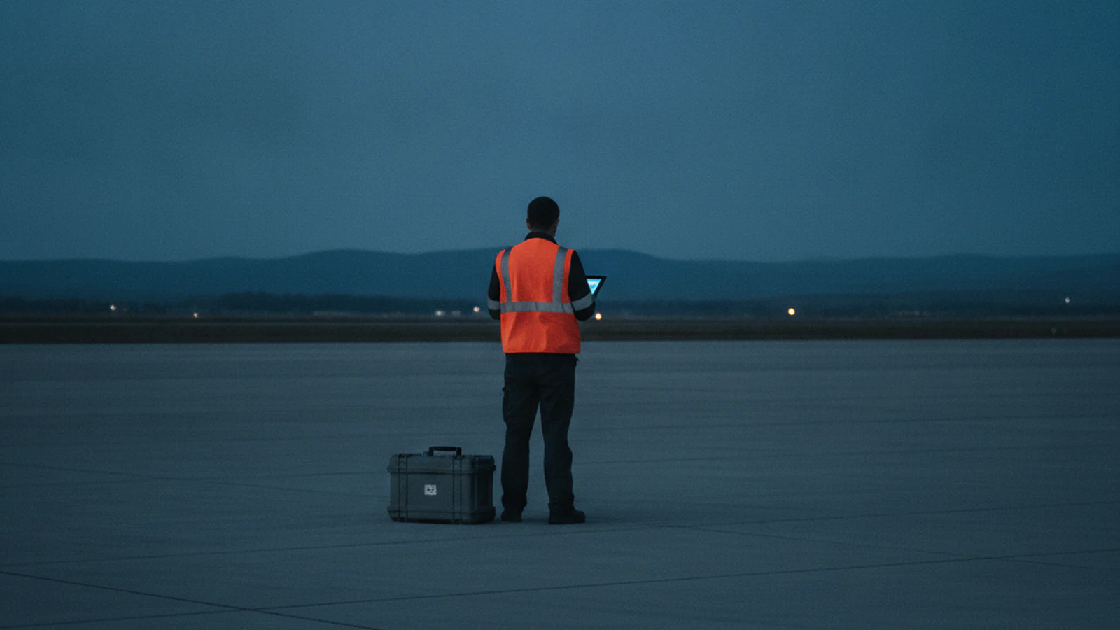 A single operator standing on an empty apron at dusk with a transport case beside them