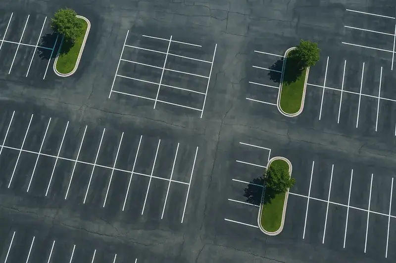Straight-down aerial of a parking lot with landscaped tree islands