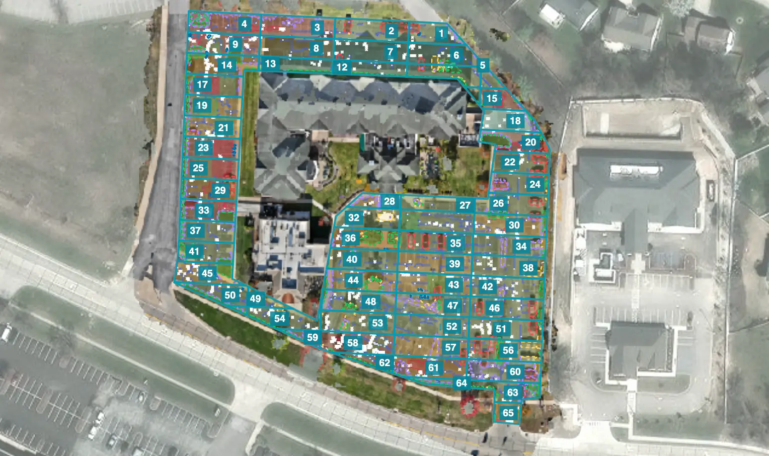 HALO AI survey of a parking lot beside an apartment complex, split into numbered inspection sample units tinted by condition, with cracks and patches traced over the aerial image