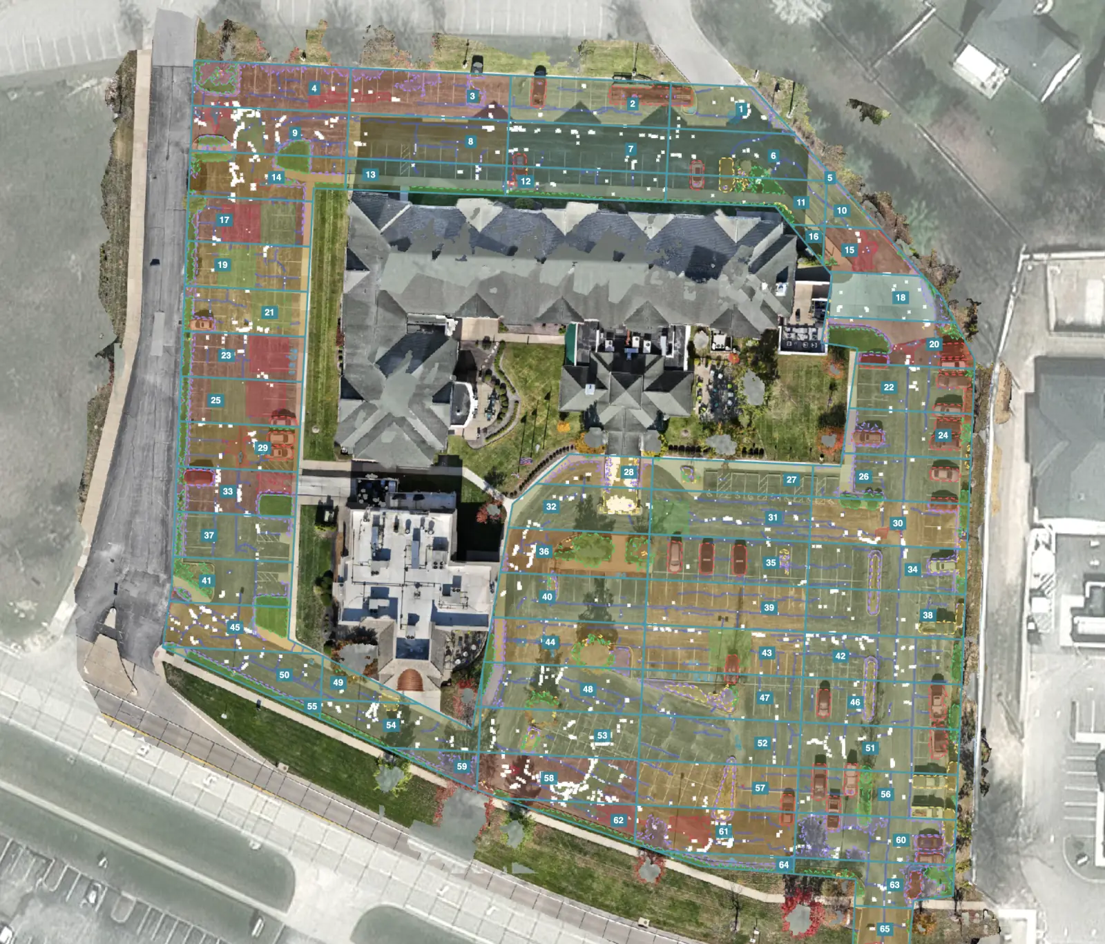 A whole parking lot beside an apartment complex, scored in HALO AI: numbered sample units tinted by condition, cracks traced, raveling in white, cars and islands masked out