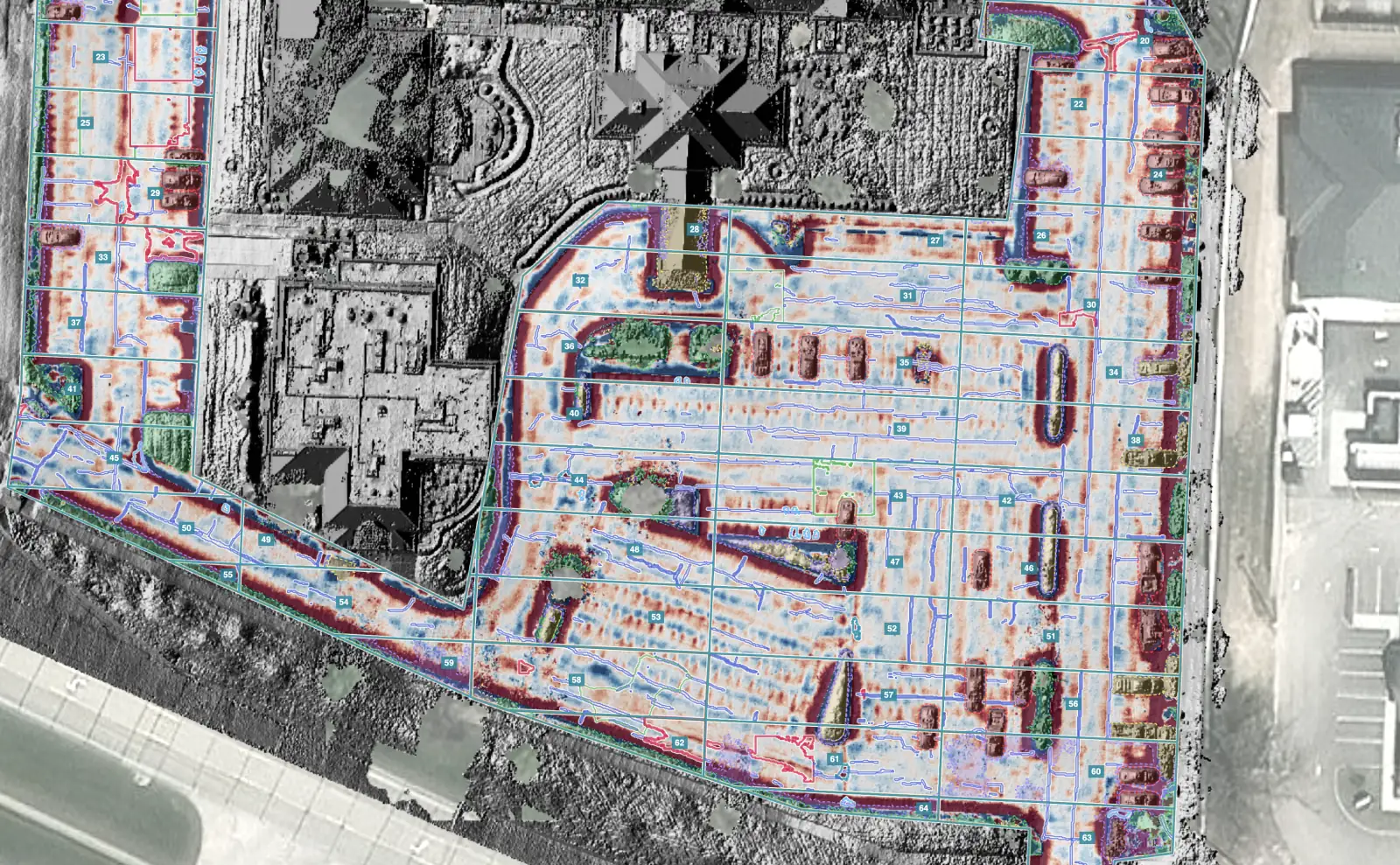 Relief view of the same parking lot in HALO AI: depressions, bumps, curbs and islands stand out in red, cracks are traced in blue, and numbered sample units sit on top