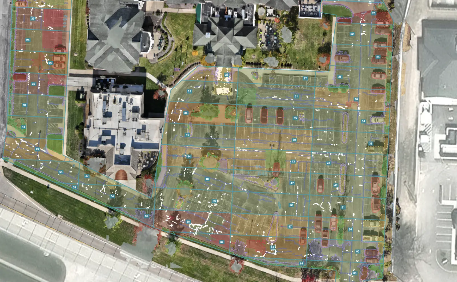 Parking lot scored in HALO AI, each numbered sample unit tinted by its pavement condition, so the worst bays on the lot stand out at a glance